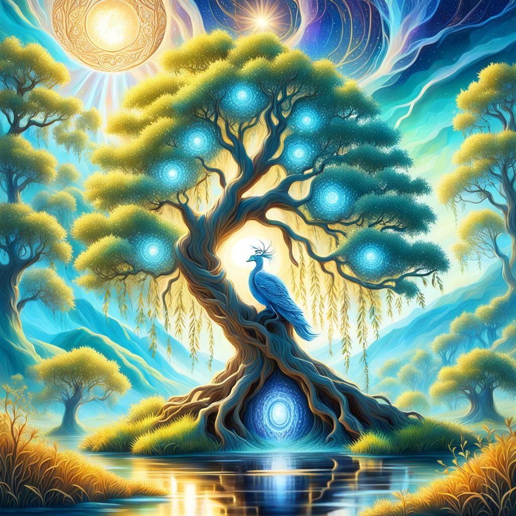 Magical Ancient Willow Tree with Mana Flow, Astral Illustrat...