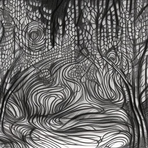 Detailed Pencil Sketch of Woman in Forest