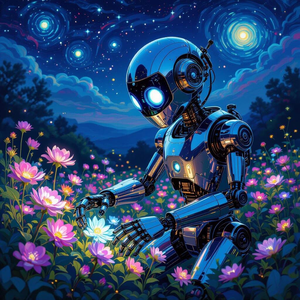 Whimsical Robot Tends Bioluminescent Garden in Dreamlike Sty...