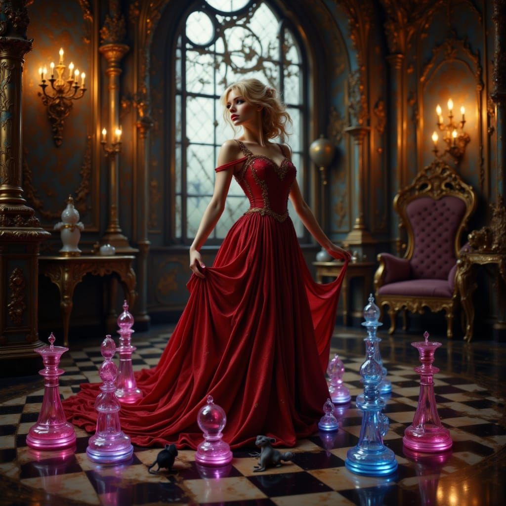 Steampunk Queen Chess Piece in Victorian Ballroom