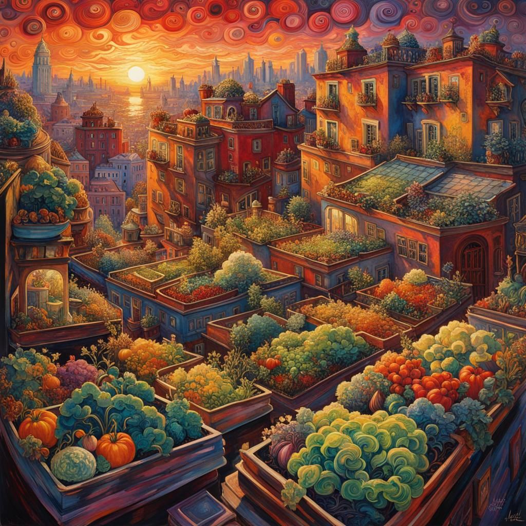 Colorful Rooftop Vegetable Garden at Sunset