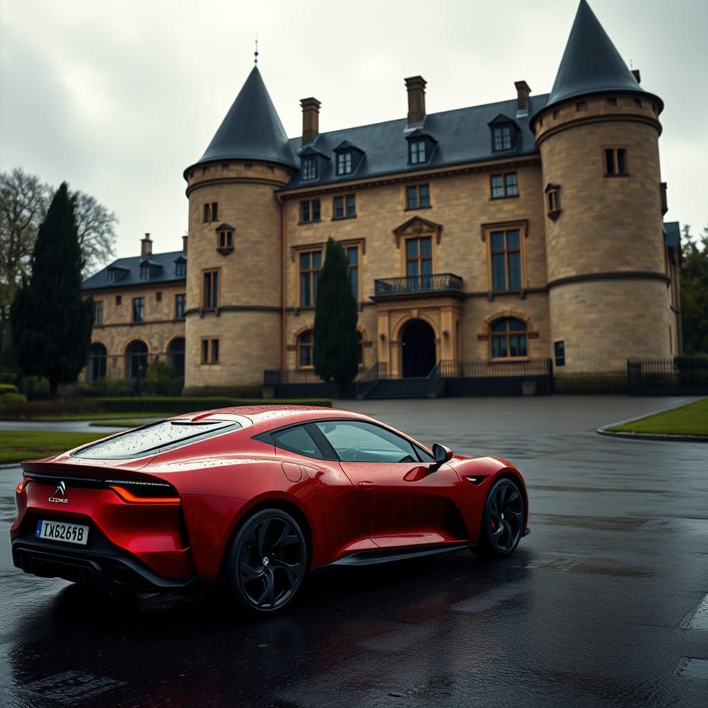 Timeless Elegance in Cherry Red Citroën GT Outside a French...