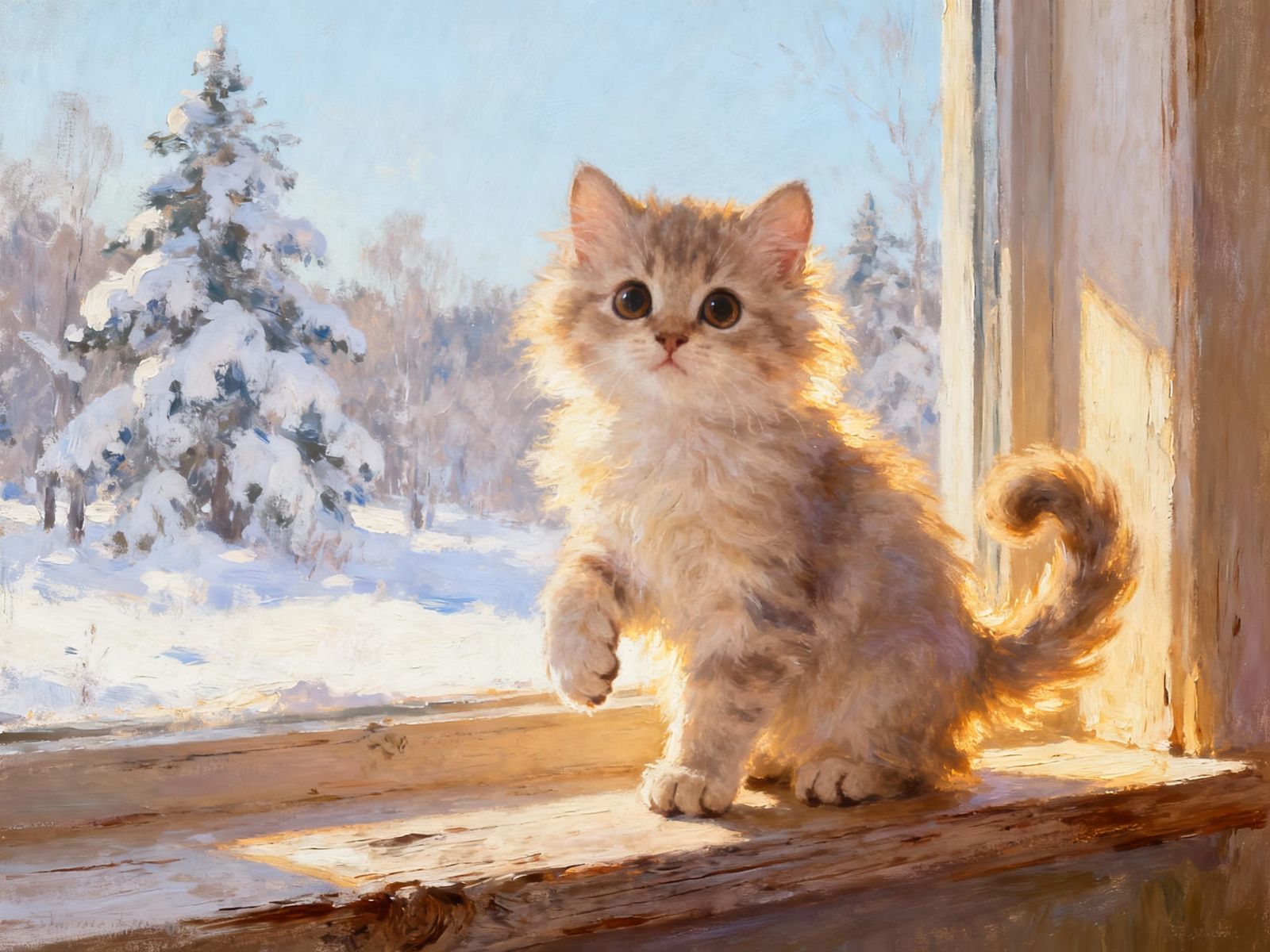 Adorable Kitten on Windowsill Ready for Winter Landscape
