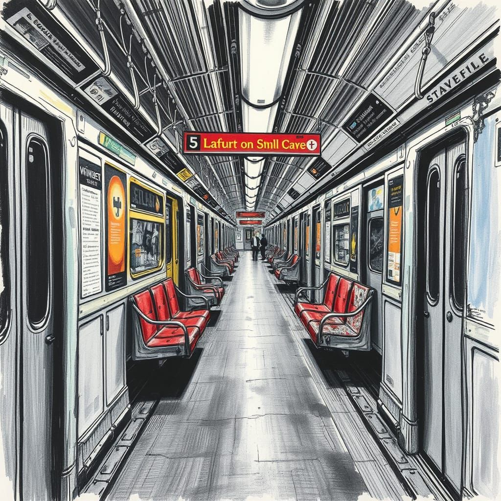 Vibrant Subway Scene in Hyperdetailed Charcoal