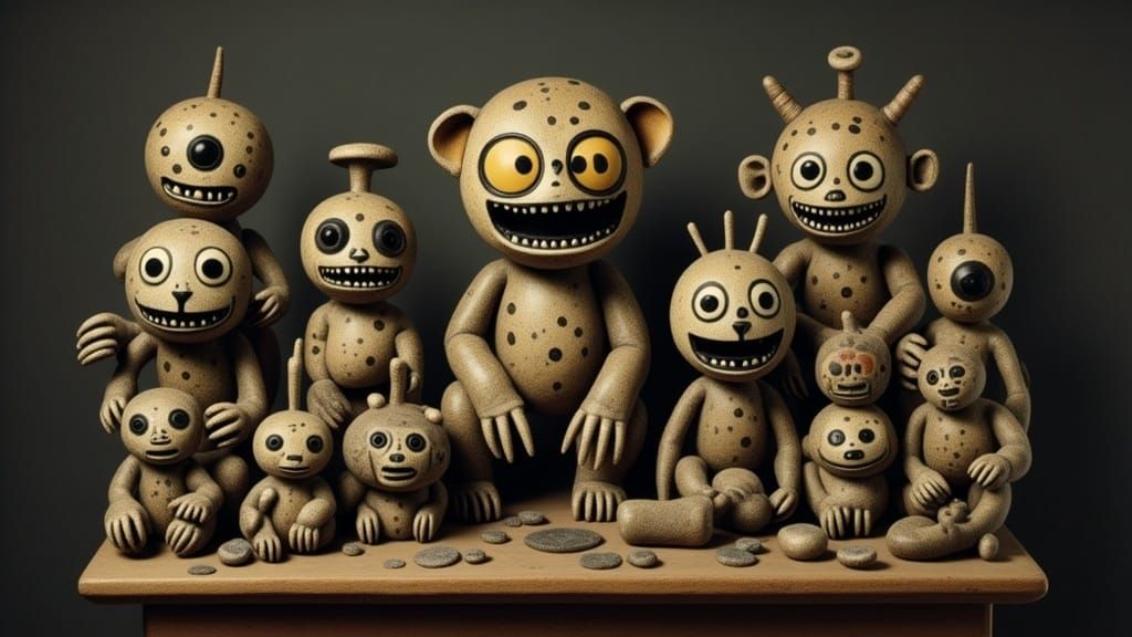 Terrifying Plush Animals in Laboratory, Muted Palette
