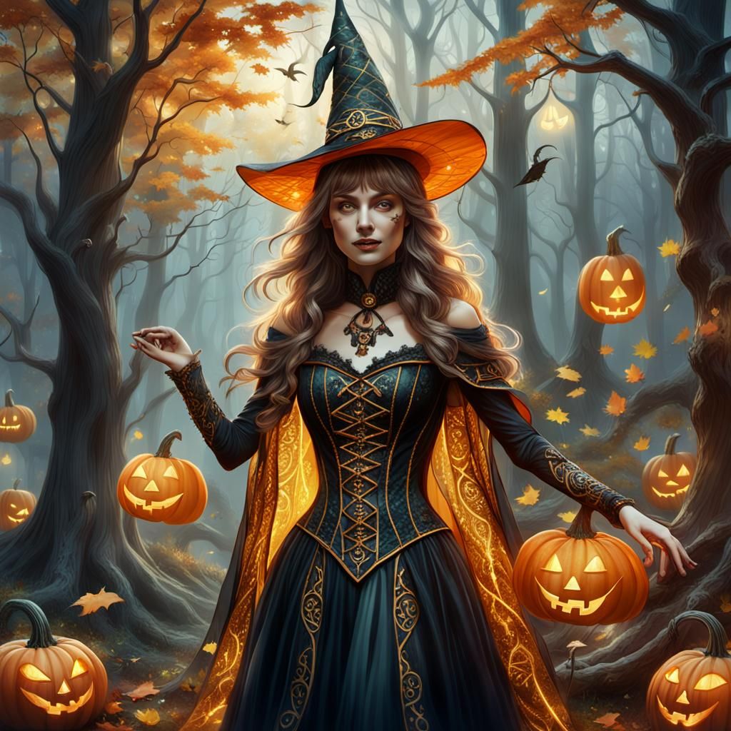Enchanted Witch in Autumn Forest: Digital Art
