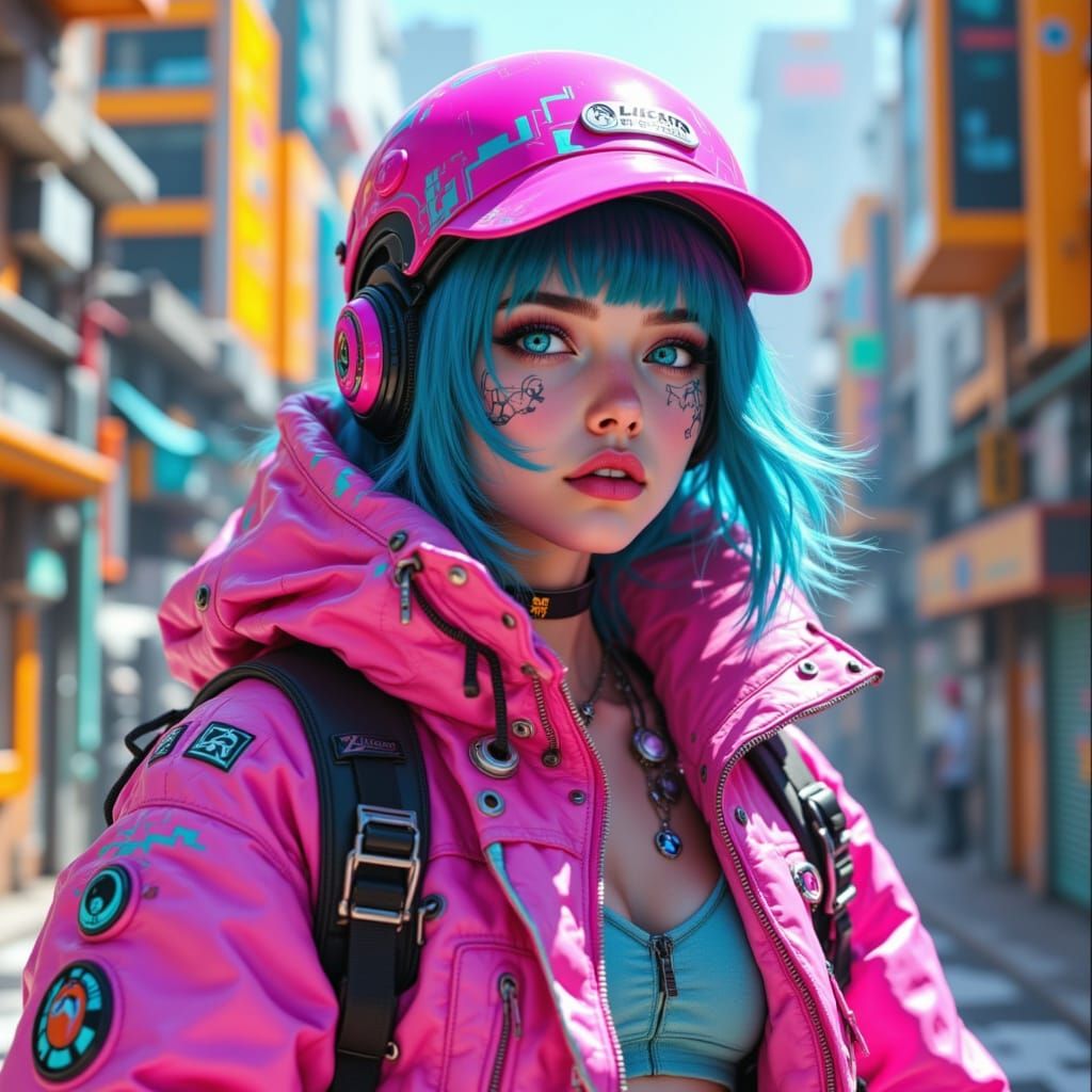 Glowing Blue-Haired Girl in Futuristic Cityscape