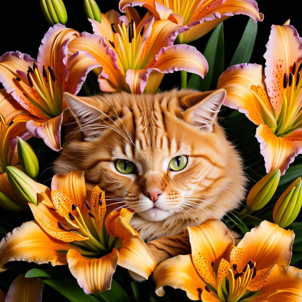 Orange Cat in Lily at Twilight