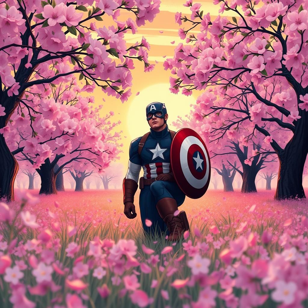 Captain America in Cherry Blossom Field, Comic Book Art