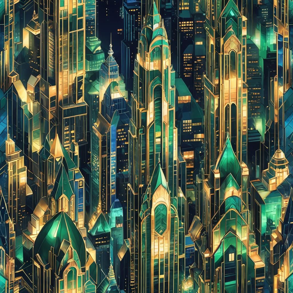 Art Deco Cityscape at Night in Emerald and Sapphire