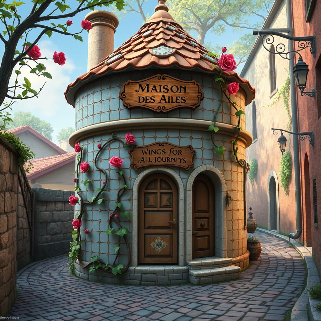 Quaint Building with Roses in Studio Ghibli Style