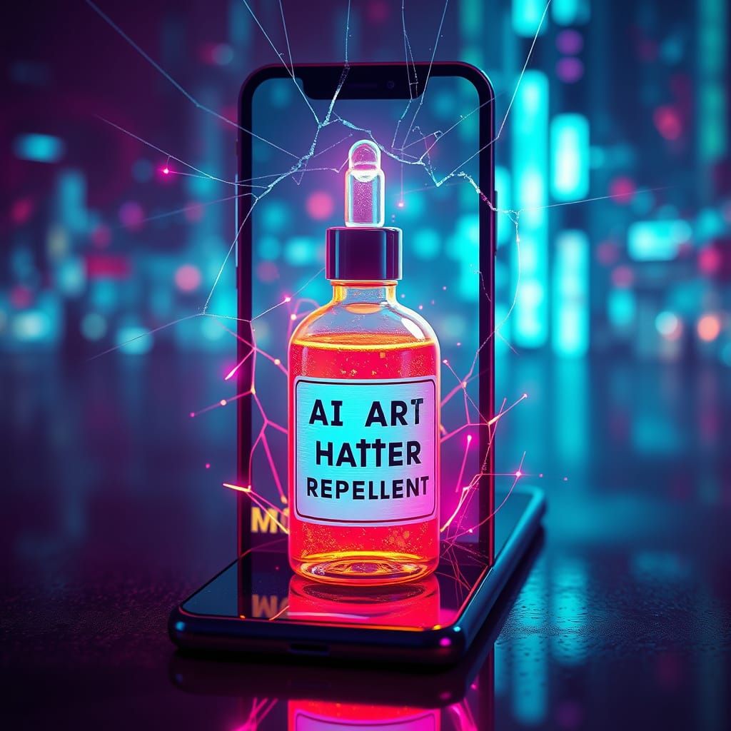 imagine a potion bottle labeled "AI art hater repellent" emerges from a cell phone screen
