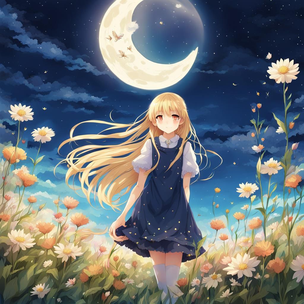 Anime Girl in Flower Meadow with Moon