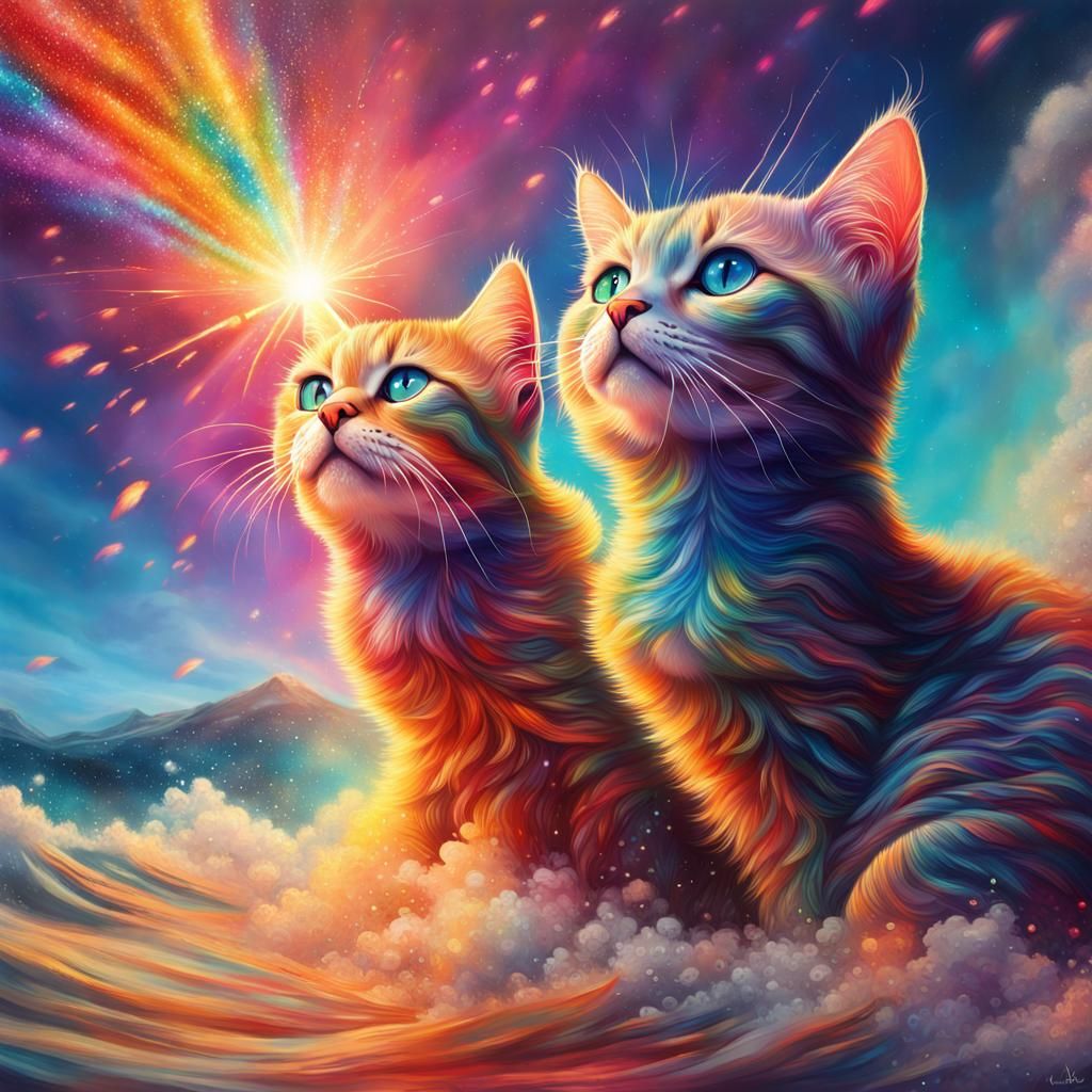Rainbow Galactic Volcano Cats Eruption, Hyperrealistic Splas...