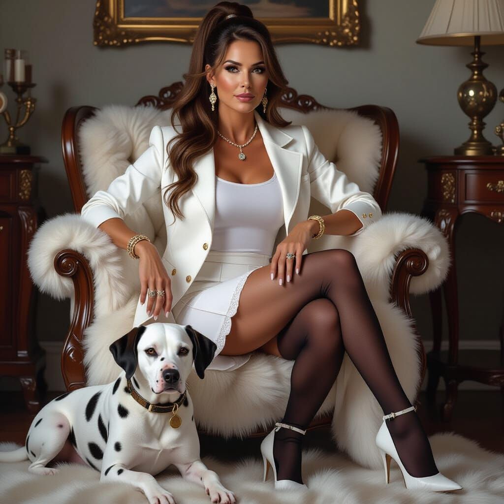 Photorealistic Woman with Dalmatian in Antique Room