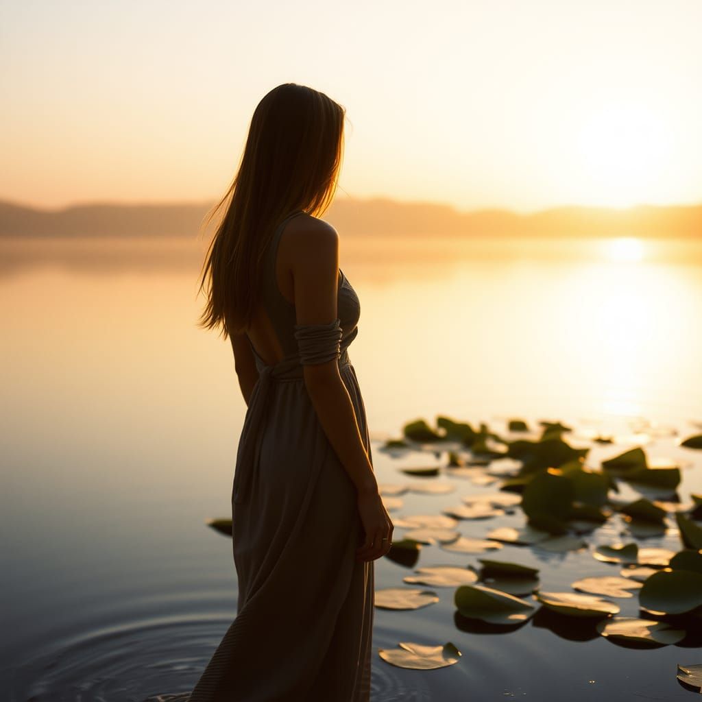 Sunset Silhouette on Serene Lake with Lily Pads
