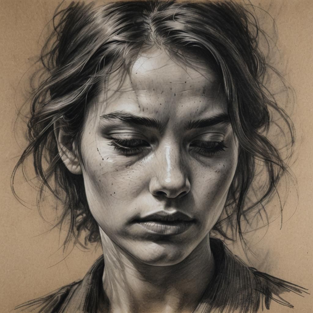 Intense Charcoal Portrait of a Concentrating Woman