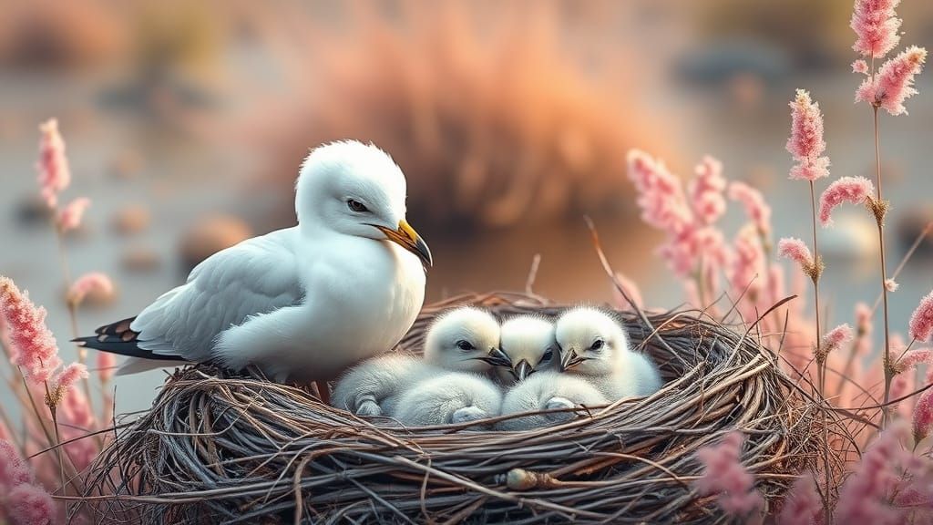 Seagull Family Near River in Digital Painting