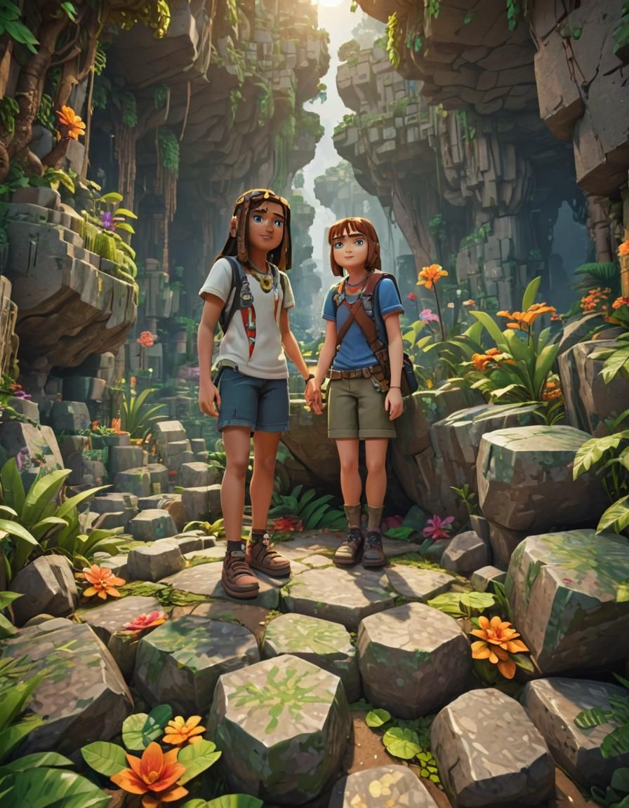 Minecraft boy and girl surounded by jungle