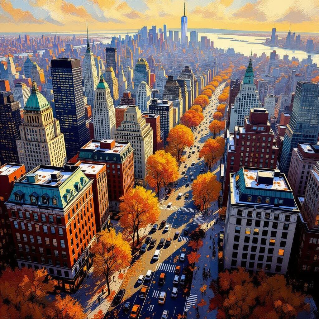 Vibrant Autumn Cityscape in Abstract Style