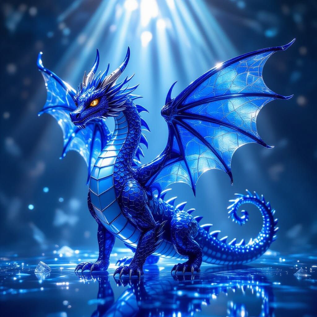 Cobalt Crystal Glass Dragon in Dramatic Studio Light