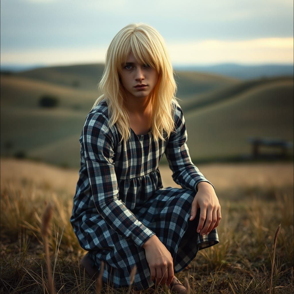 Masculine Figure in Plaid Babydoll Dress, Serene Countryside
