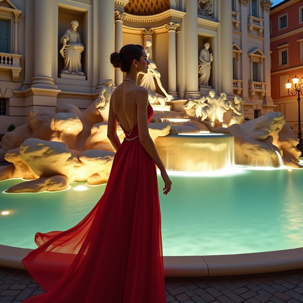 Woman at Trevi Fountain in Baroque Style