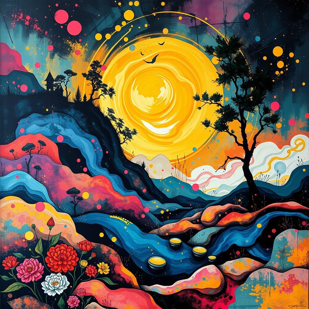 Psychedelic Zen Garden Party with Vibrant Abstract Art