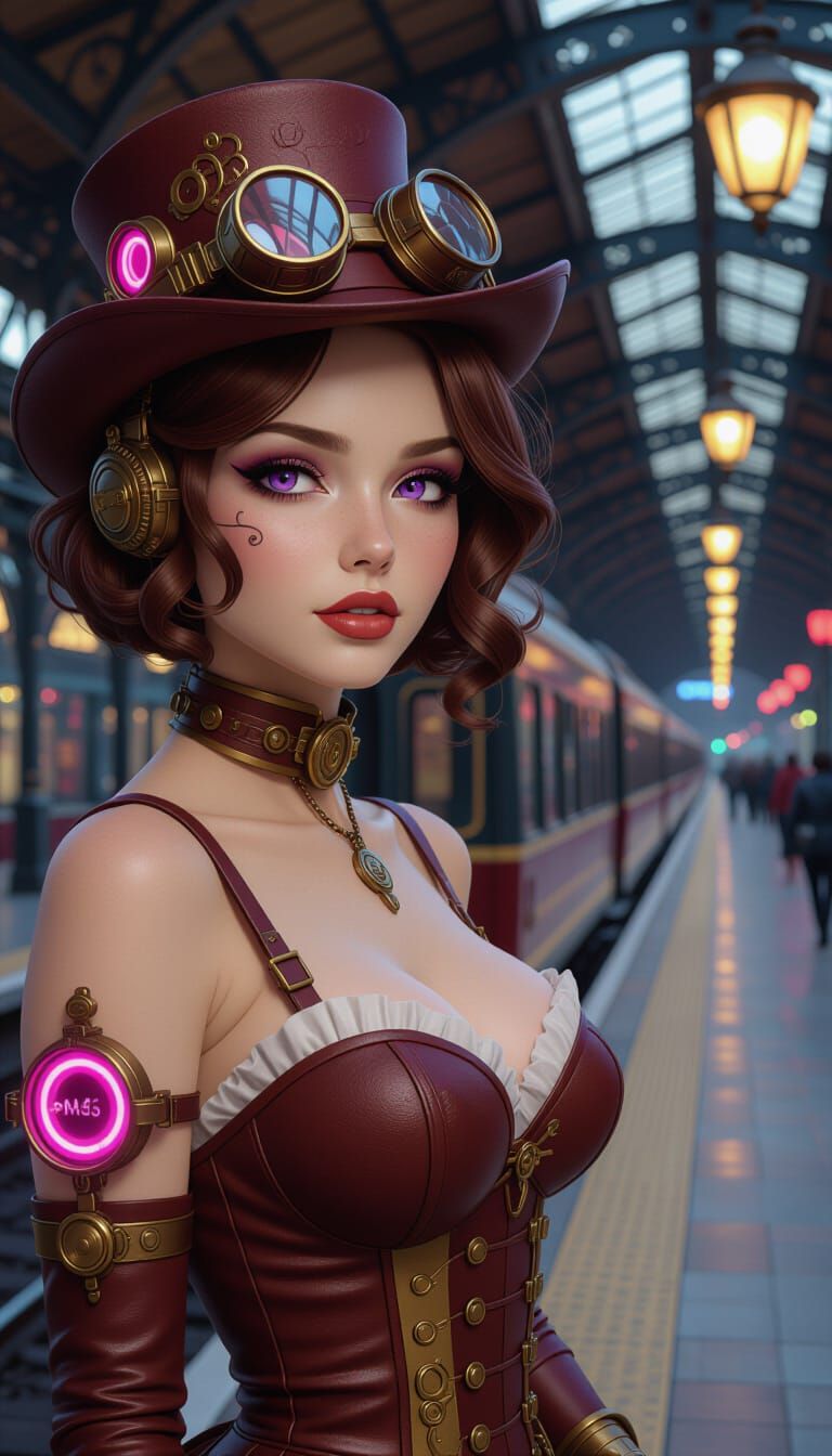 Steampunk Train Arriving at Retro-Futuristic Platform