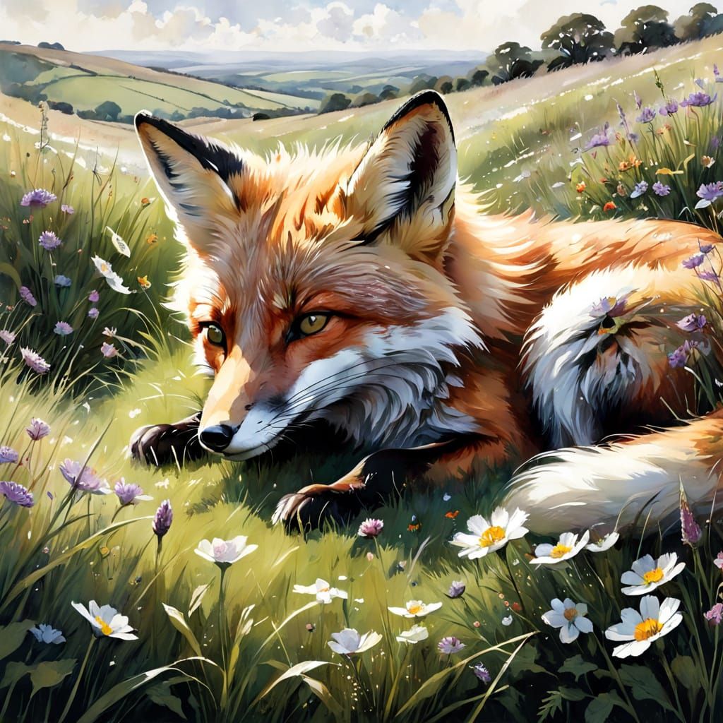 Fox Asleep in Meadow Watercolor Painting