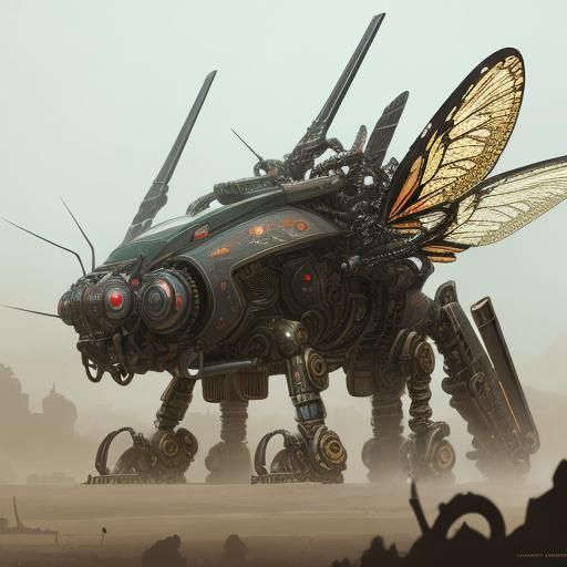 Steampunk Dragonfly Samurai in Opium Field with Neon Butterf...