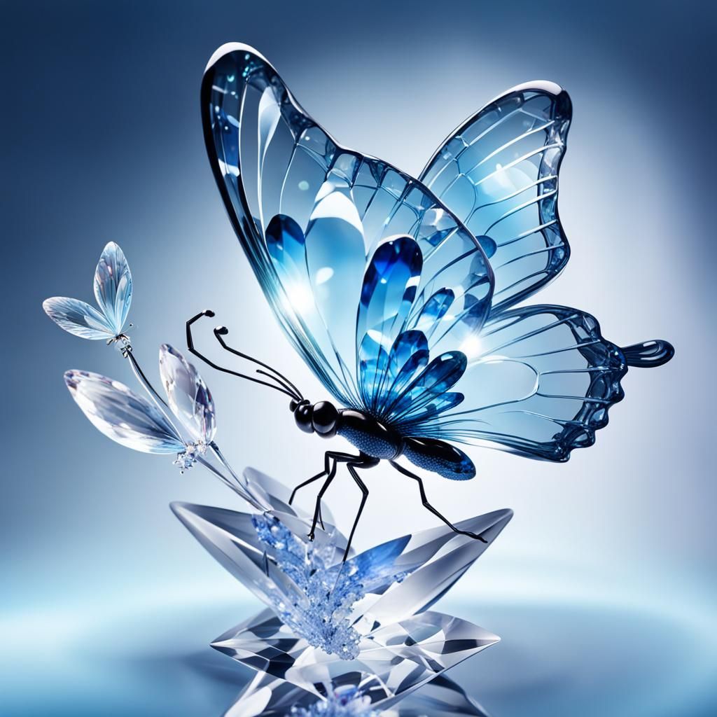 Crystal Butterfly Over Crystal Flower