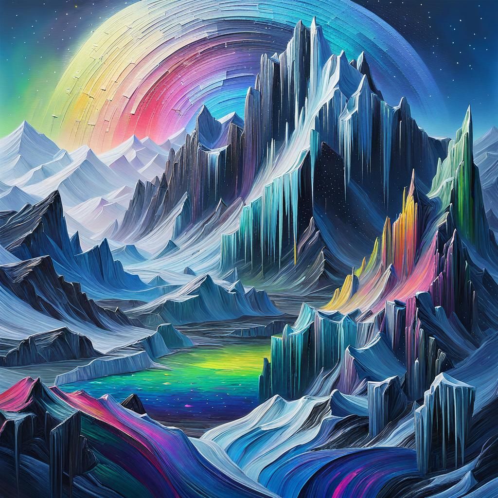 Surreal Landscape in Impasto with Aurora Borealis