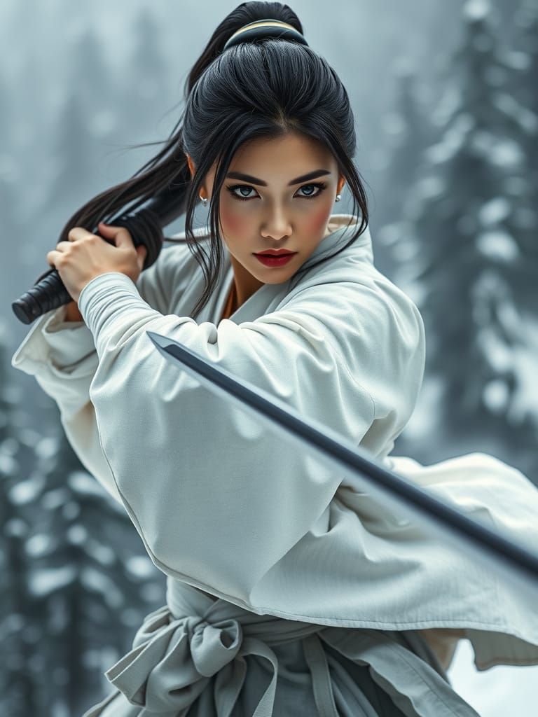 Japanese Warrior Woman in Misty Forest, Hyperrealistic