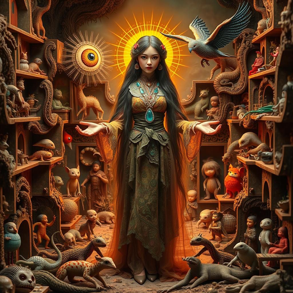 Cosmic Woman in Dollhouse with Mythological Creatures