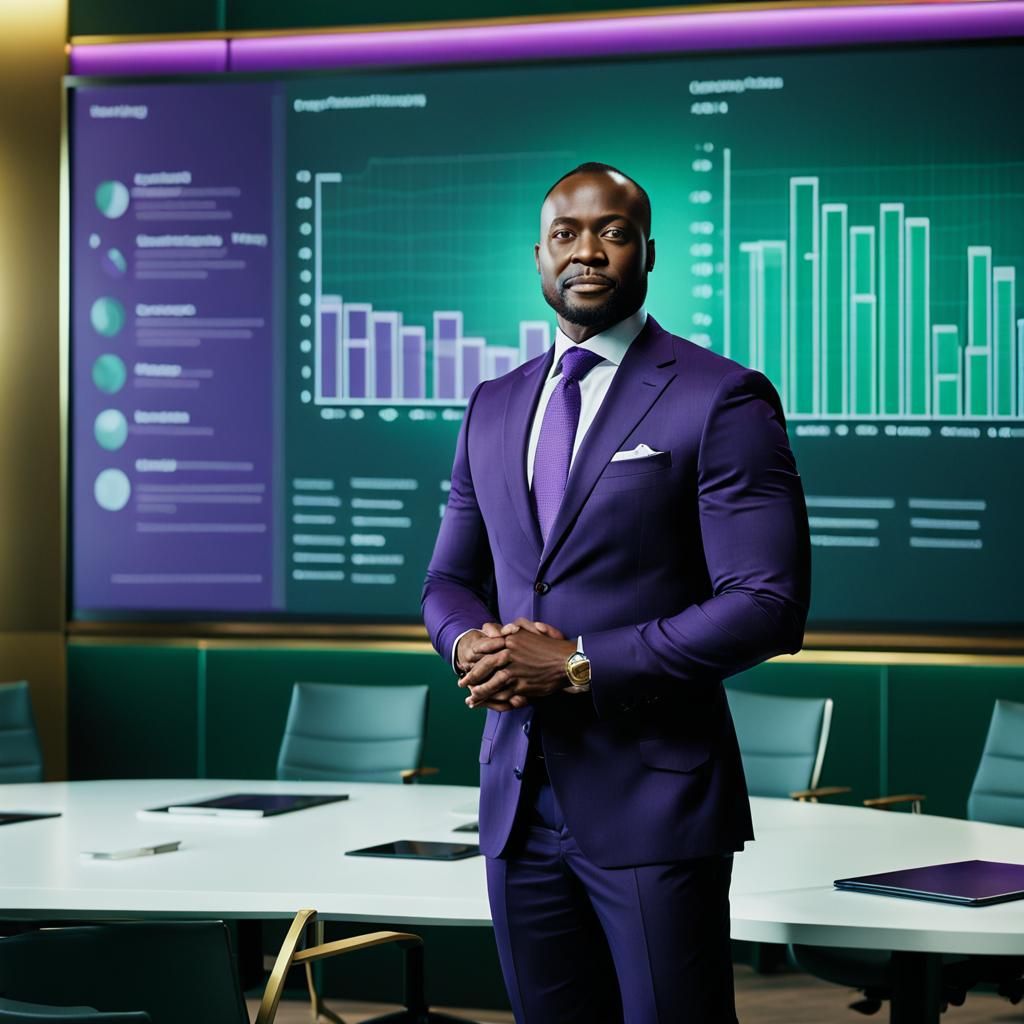 African Professional Presents in Modern Office, Emerald and ...