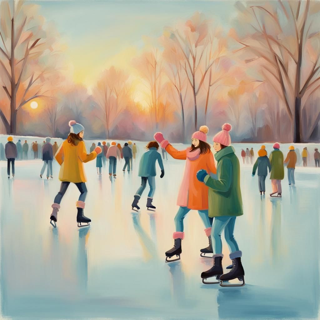 Ice Skaters on Rink in Pastel Winter Hues