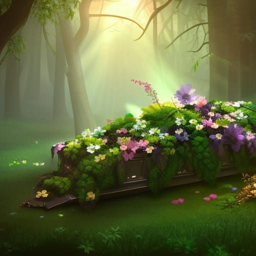 Origami Flowers Cover Coffin in Forest Sunlight
