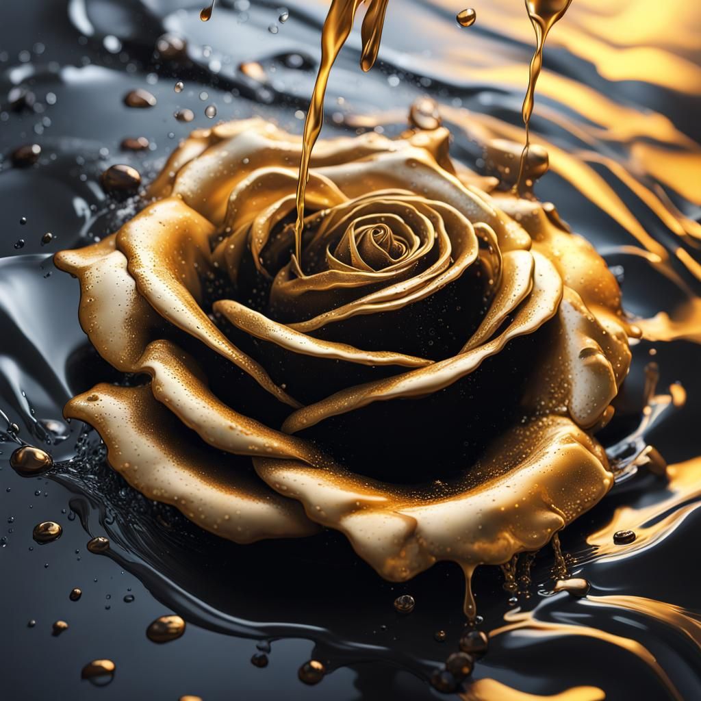 Golden Water on Black Rose: Hyperrealistic Splash Art