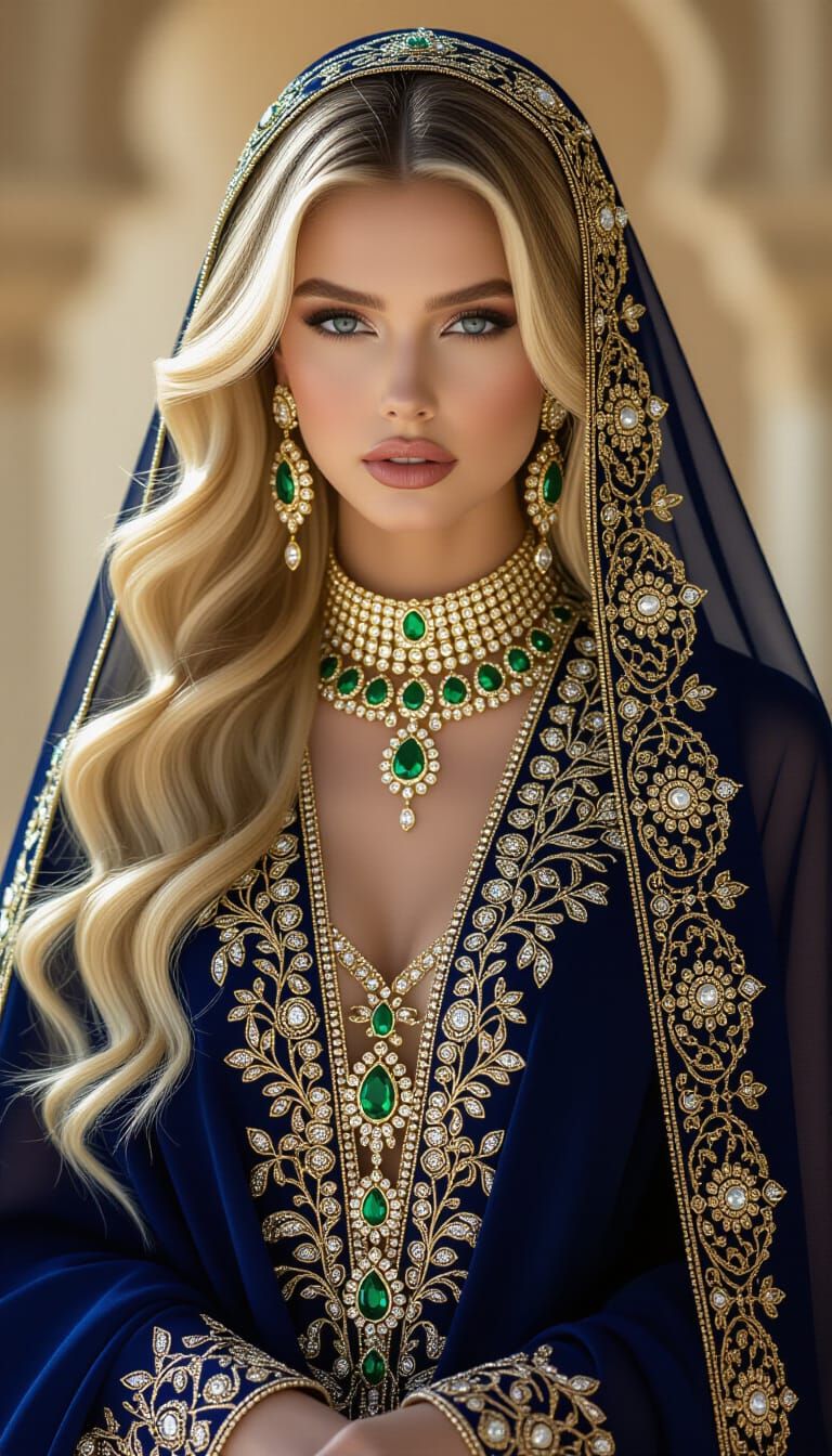 Majestic Blonde Model in Jewel-Encrusted Abaya