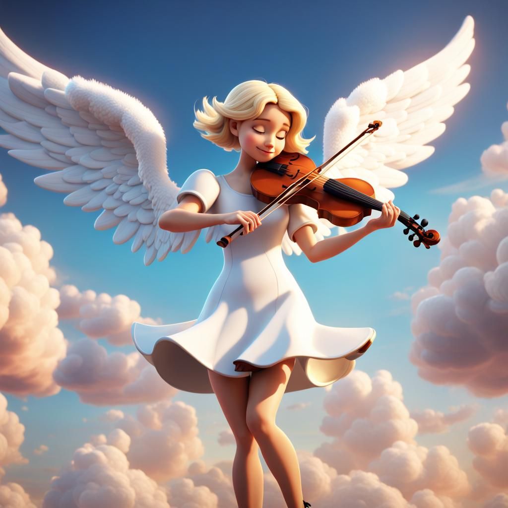 Blonde Angel Playing Violin in 3D Digital Art