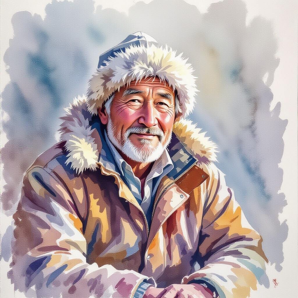 a ᐃᒪᕐᒧᑦ ᐊᒥᐊᕆᓂᖅ watercolor ᐊᒥᐊᕆᓂᖅ painting of a ᐃᓐᓇᑐᖃᖅ ᐊᖑᑦ man, ᐊᒥᐊᖏᑦ ᖁᓕᕇᓕᒃ, ᐱᐅᔪᒻᒪᕆᒃ, ᓴᓇᐅᒐᖅ, ᓴᓇᐅᒐᑦᑎᐊᕙᒻᒪᕆᒃ