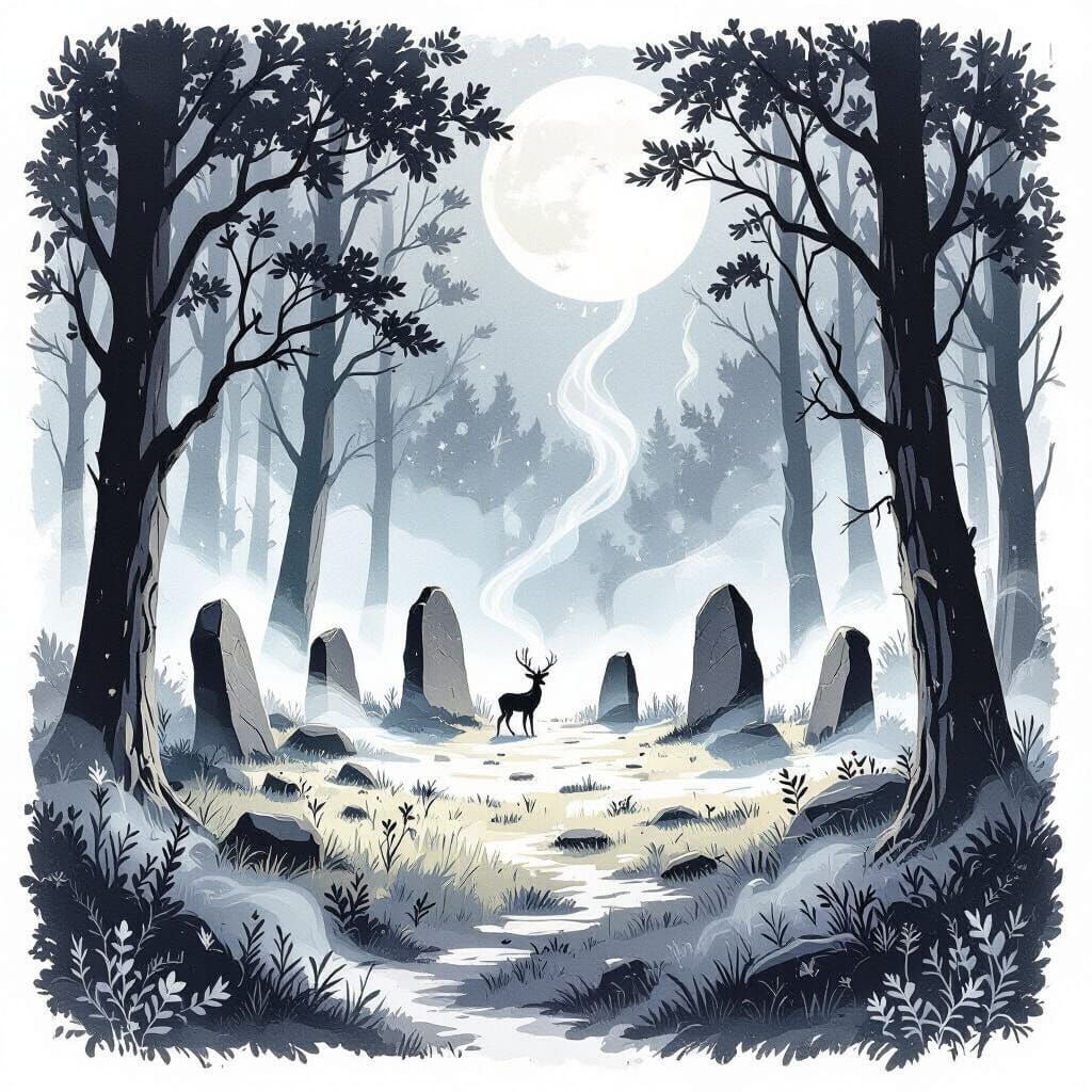 Mystical Forest Clearing Coloring Page in Minimalist Style