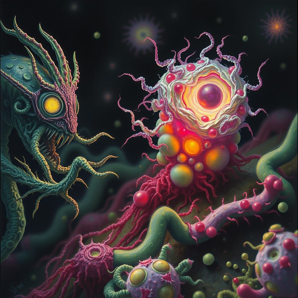 Surreal Microscopic Battle: Germs Confront Bacteria