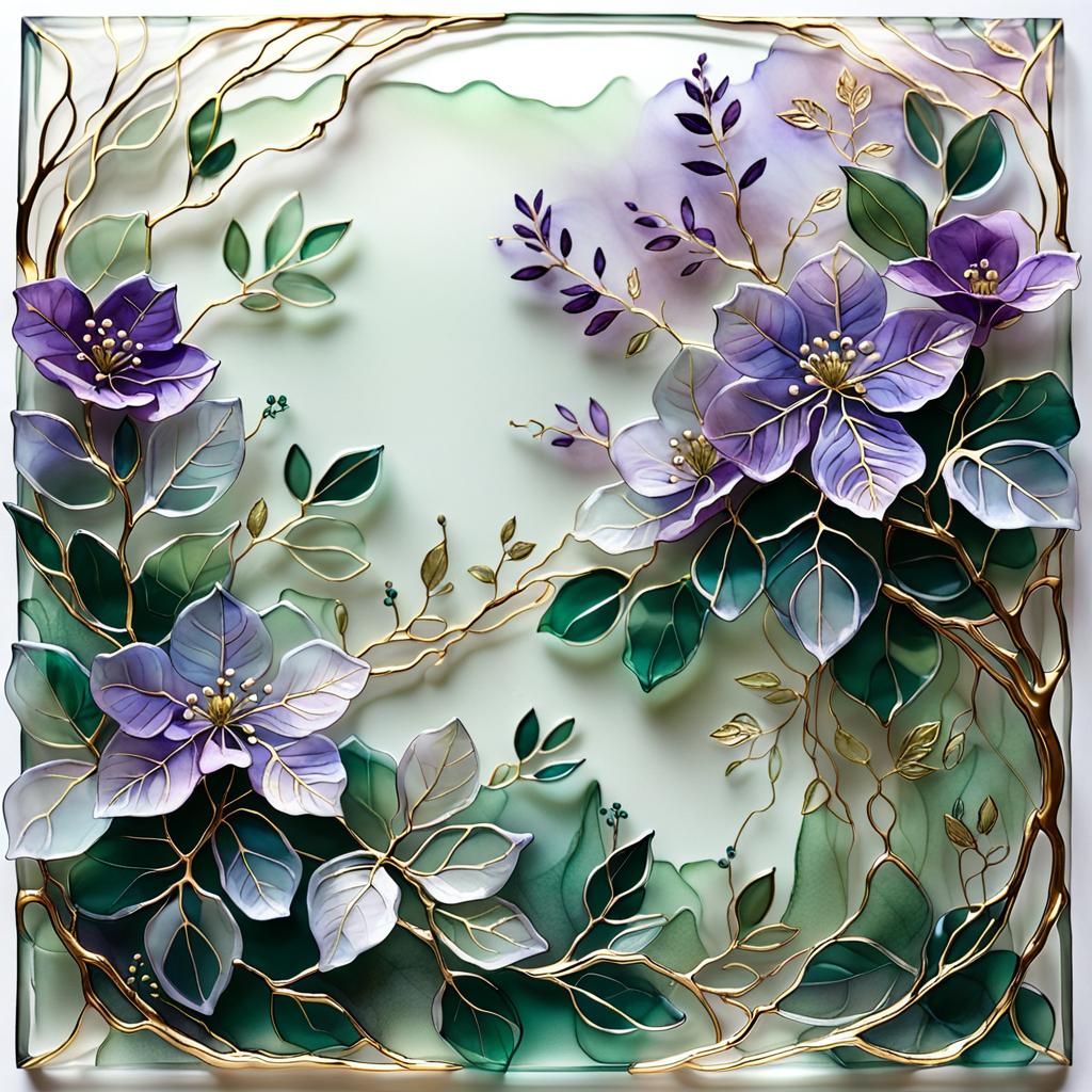 Transparent Glass Flowers with Gold Vines