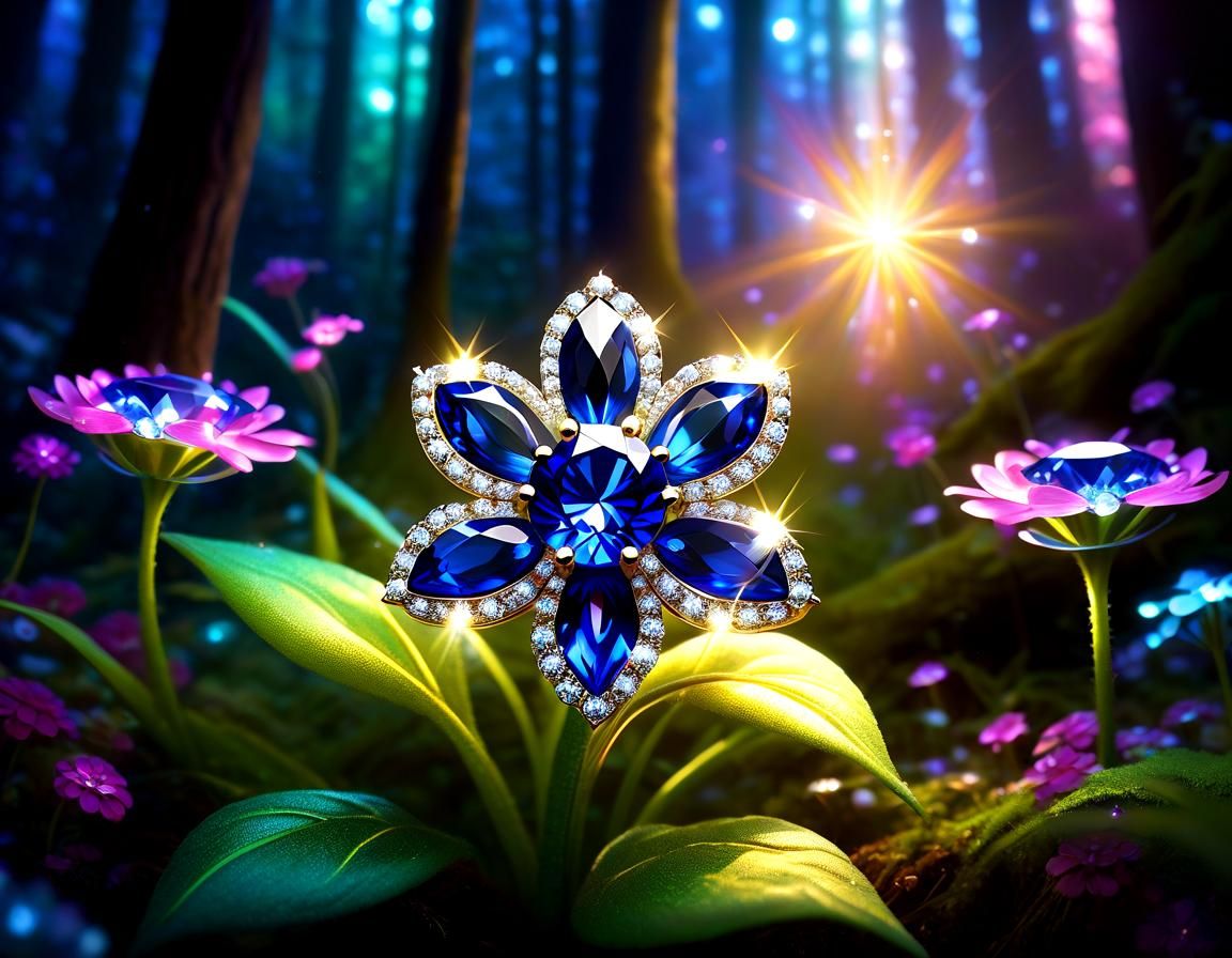 Radiant Gem Flower in Enchanted Forest: Digital Art