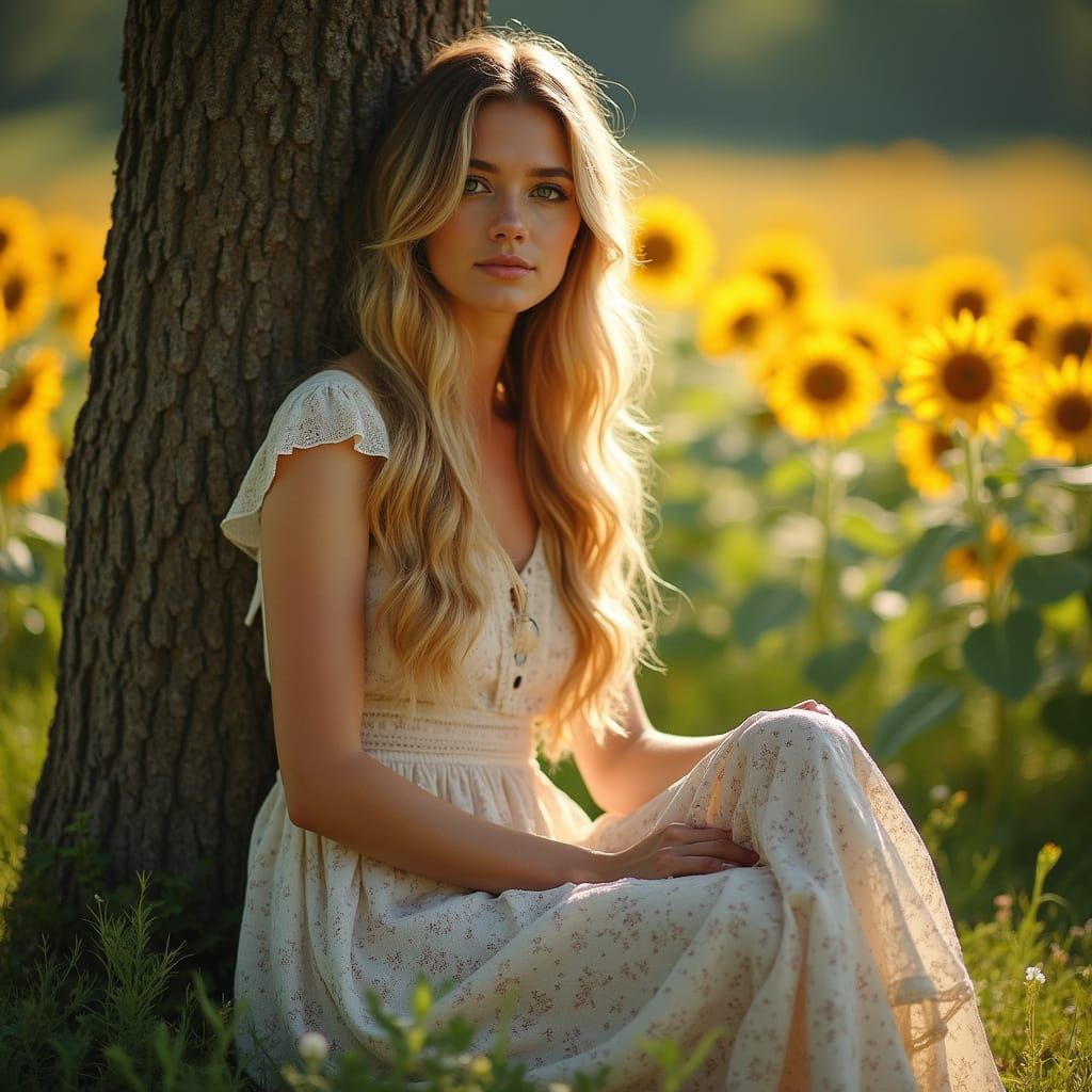 Golden Haired Woman in Sunflower Garden