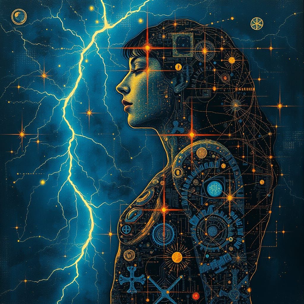 Astral Lightning Woman with Klimt Circuitry