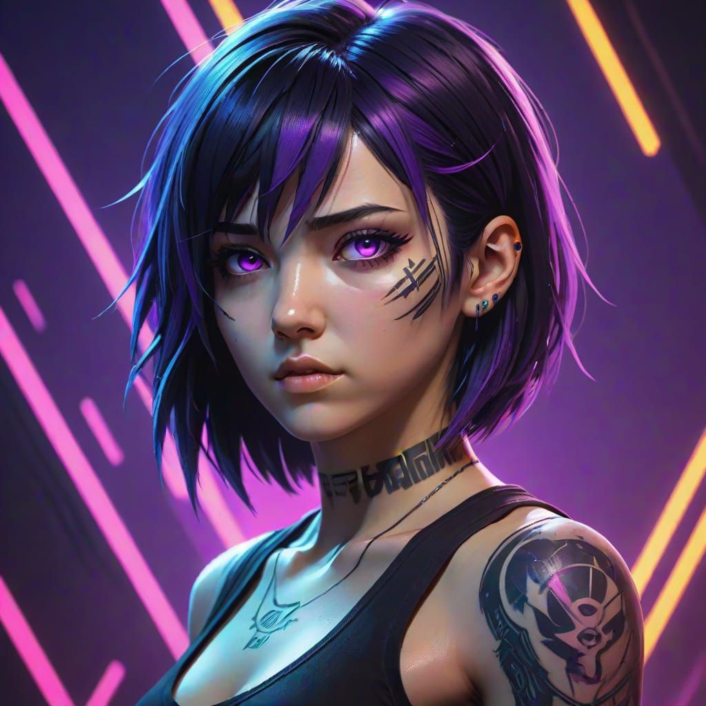 Anime Woman with Purple Hair in Cyberpunk Neon Style