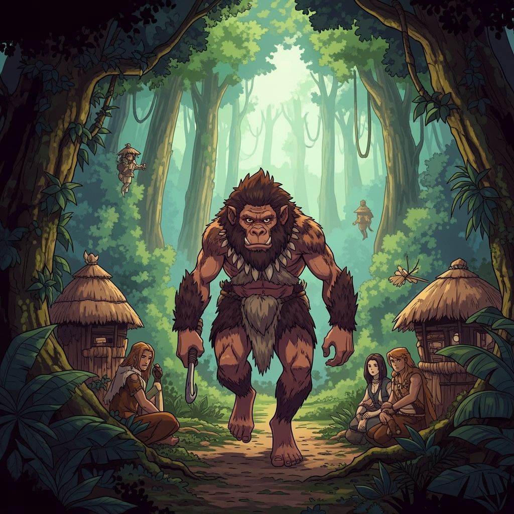 Prehistoric Hybrid Human in Lush Jungle, Anime Wallpaper Sty...